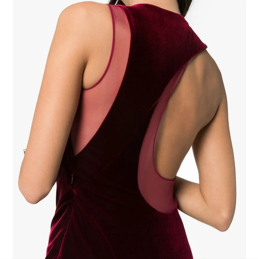 Galvan London Crescent Sheer Panel Thigh Split Velvet Wine Evening Gown Size 10 - Picture 8 of 17
